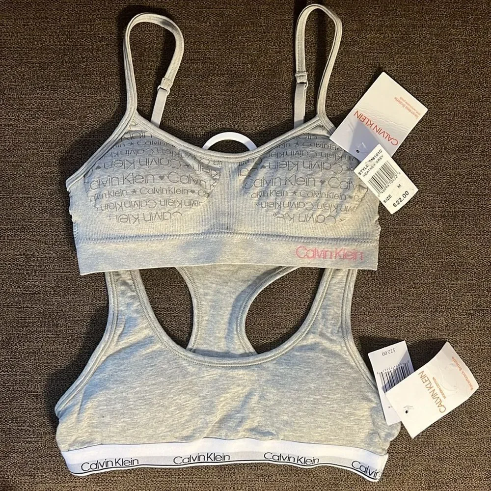 New Calvin Klein Girls Bralette Bundle of 2 - Size Medium 7/8 in Heather Grey